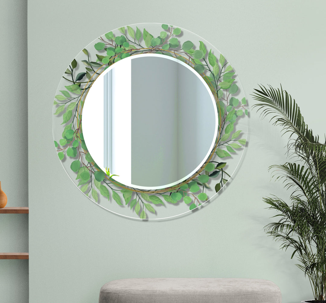 Transparent Green Leafs Round Wall Mirror floor mirror
