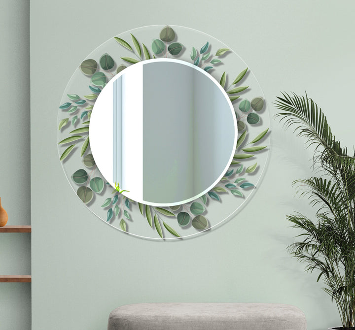 Transparent Green Leaves Round Wall Mirror Abstract Wall Mirror
