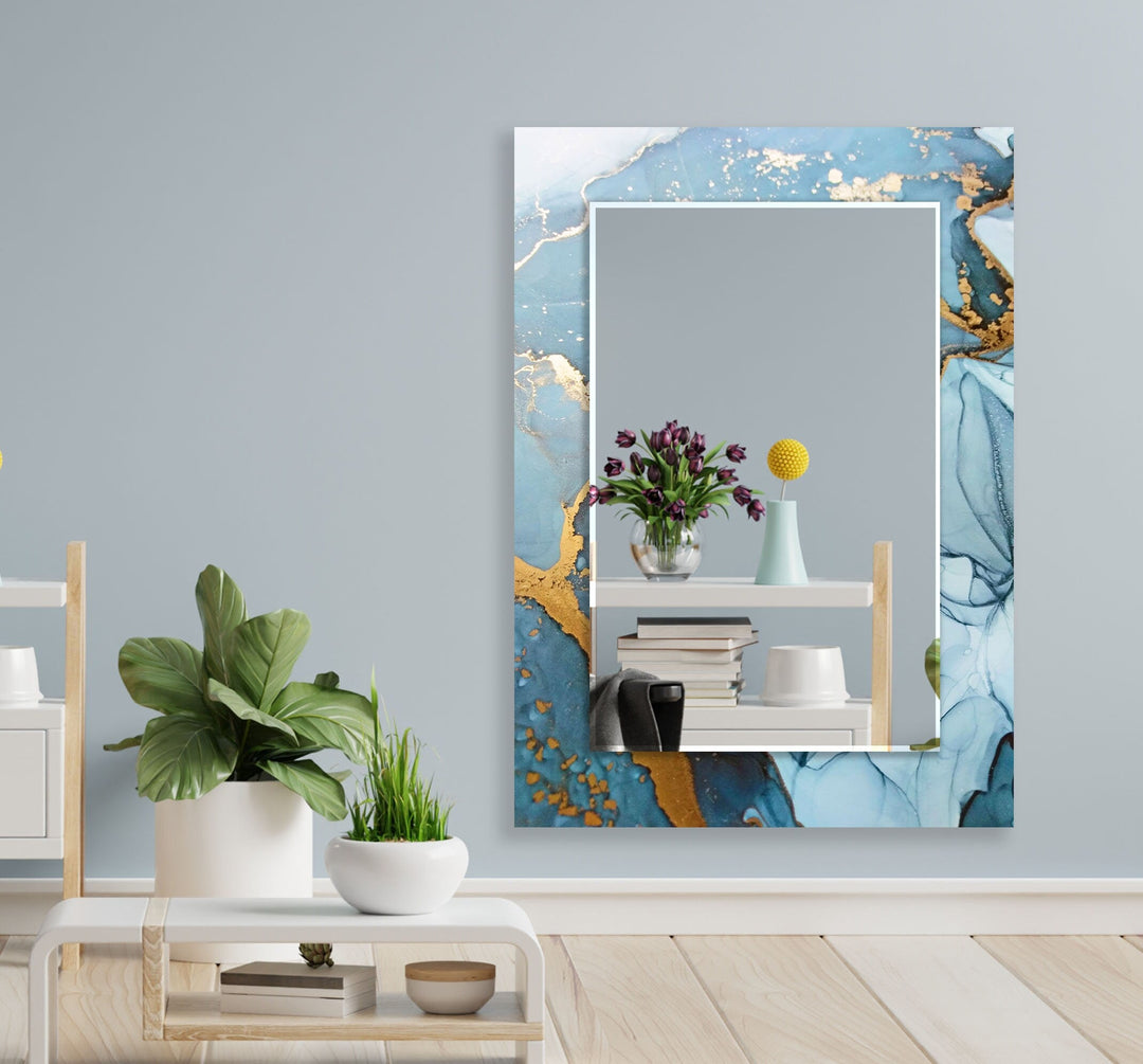 Light Blue Golden Detail Wall Mirror Wood Mirror
