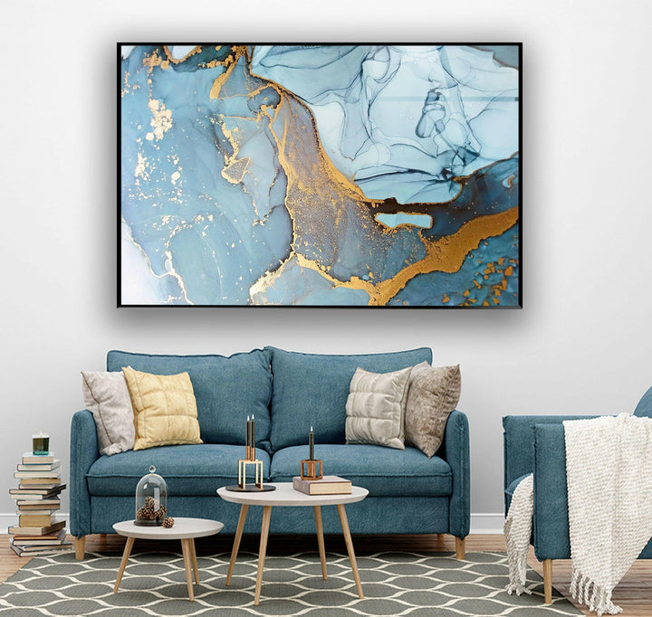 Abstract with Blue Marble Tempered Glass Wall Art Beautiful Abstract Paintings on Glass