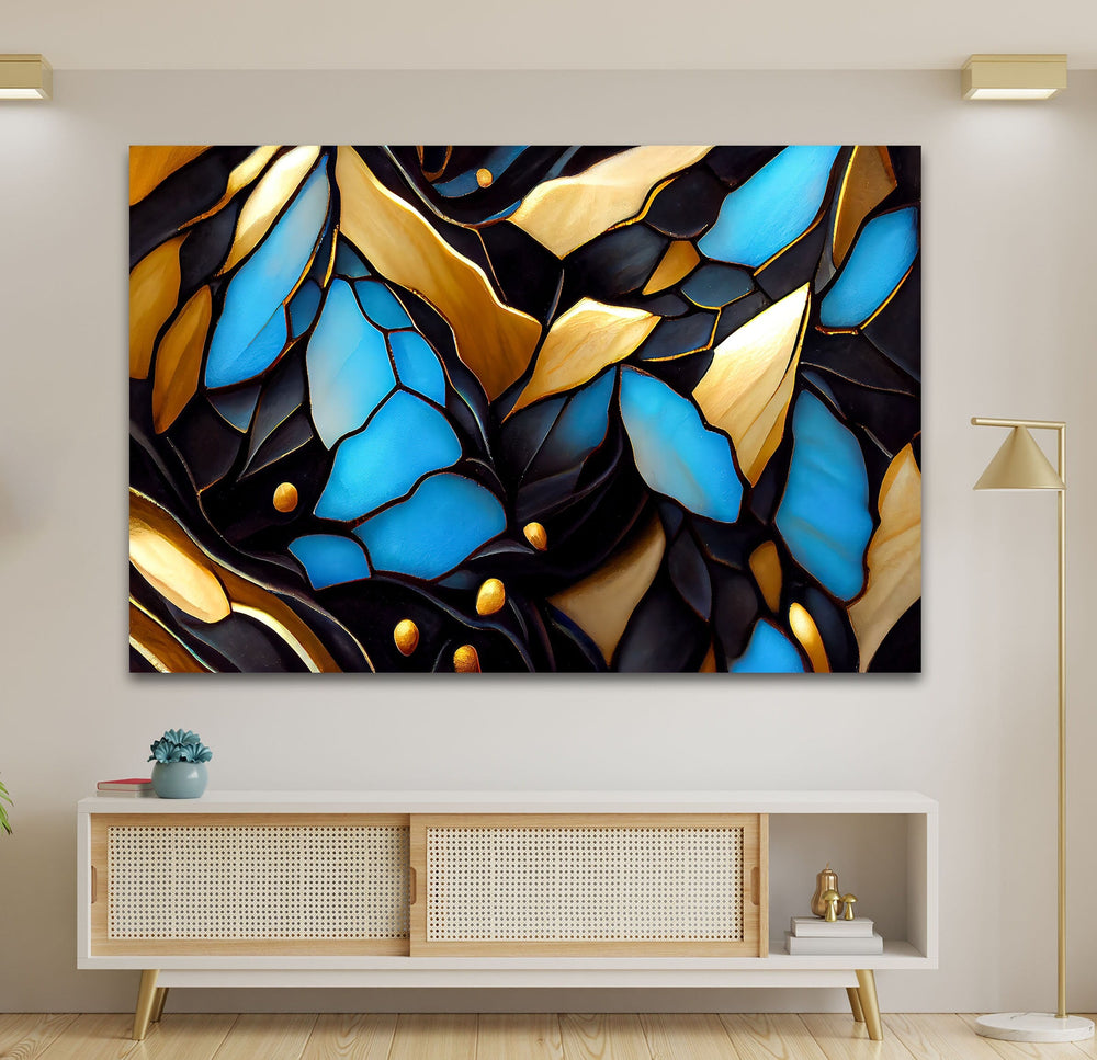 Gold & Blue Stained Glass Wall Art photo print on glass, prints on glass wall art