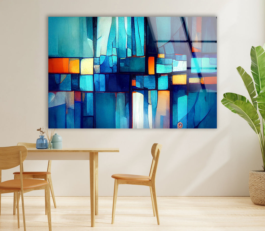 Blue Vibrant Stained Glass Wall Art print on glass, glass printed photos