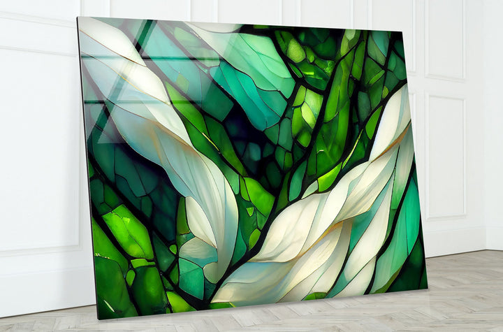 Stained Green & White Glass Wall Art photo print on glass, prints on glass wall art