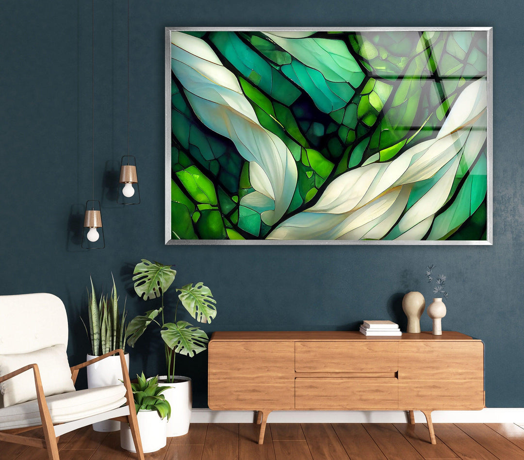 Stained Green & White Glass Wall Art picture on glass wall art, photos printed on glass