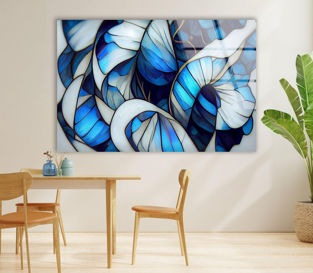 Stained White & Blue Glass Wall Art photo print on glass, prints on glass wall art