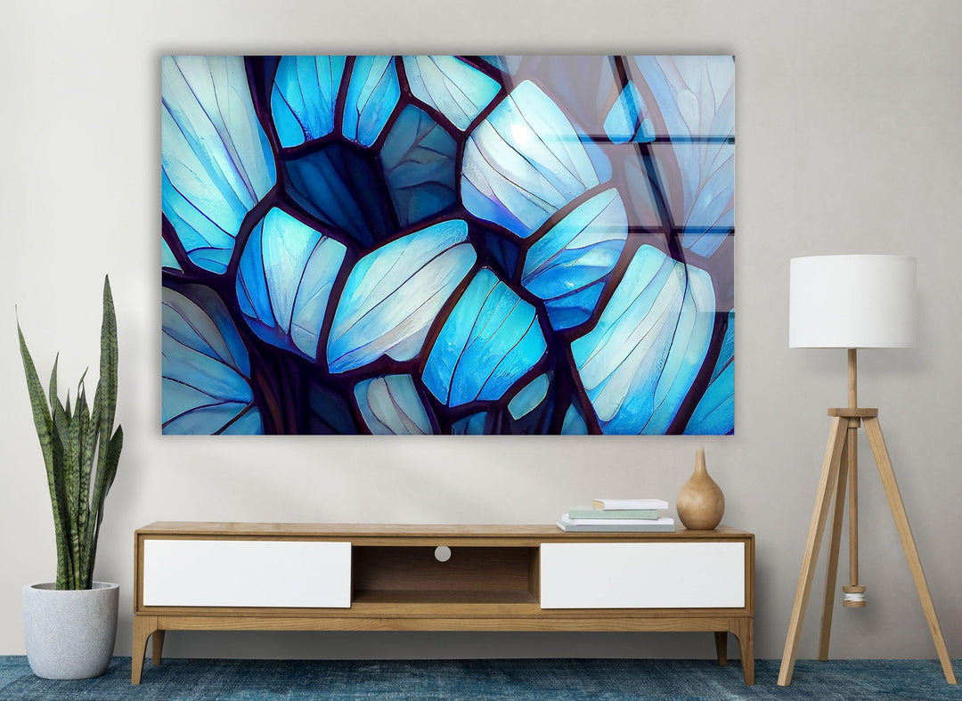 Stained Blue & White Glass Wall Art picture on glass wall art, photos printed on glass