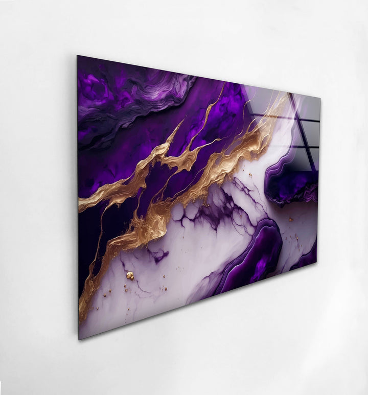 Purple with Gold Alcohol ink Glass Wall Art