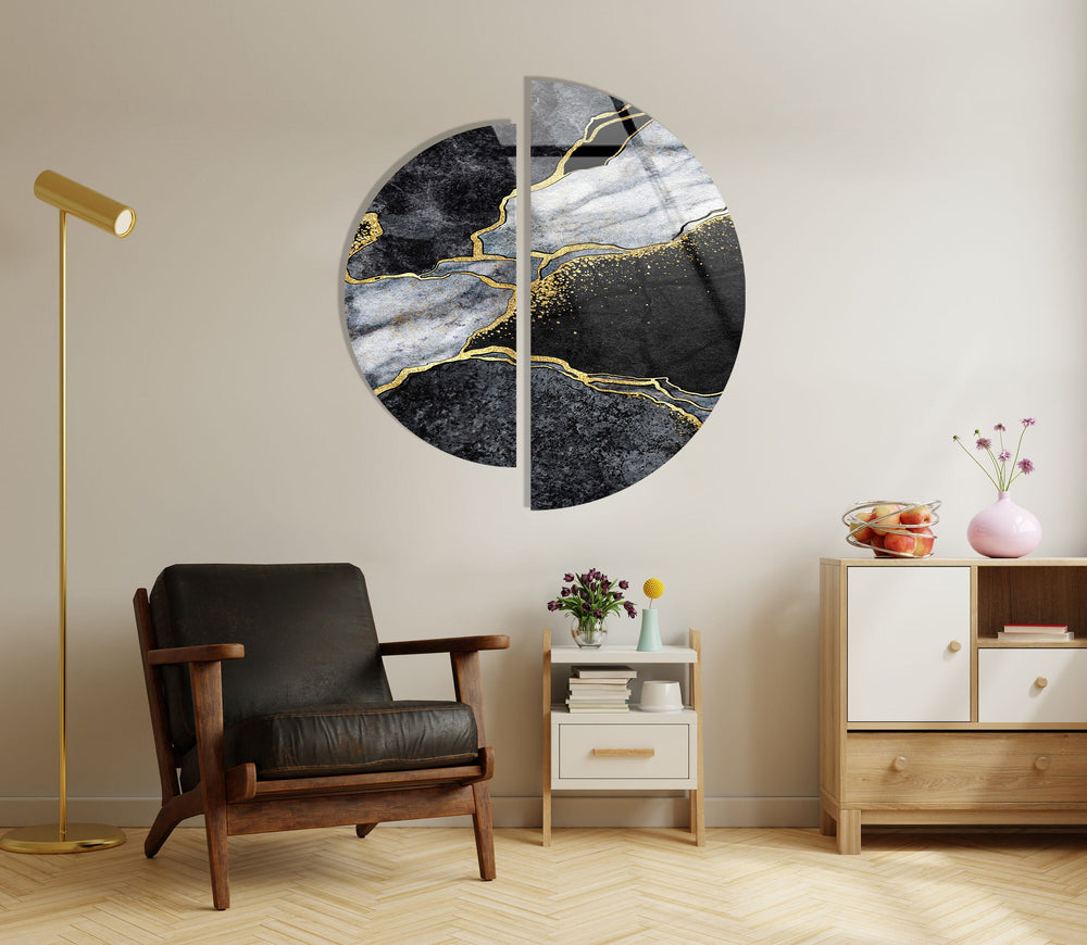 2 Piece Black & Gold Marble Glass Wall Art glass pictures for Wall, glass prints wall art
