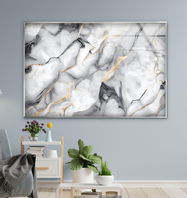 White marble with Gray veins Glass Wall Art