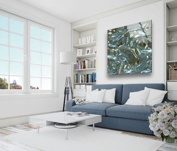 Shiny Blue Waves Glass Wall Art