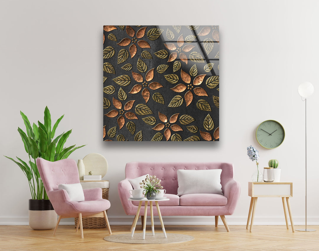 Copper Leaves Abstract Glass Wall Art custom glass pictures, glass art prints
