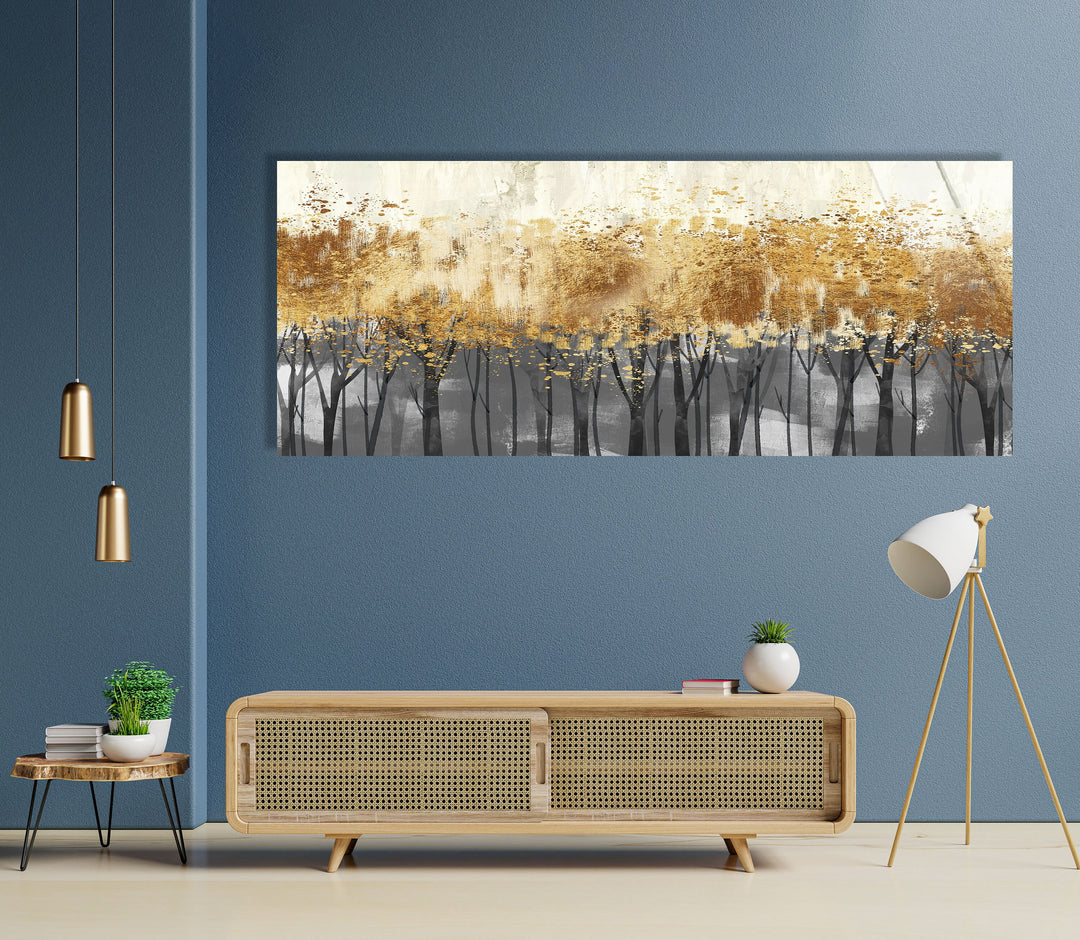 Golden Trees Oil Painting Glass Wall Art, custom glass pictures, glass art prints