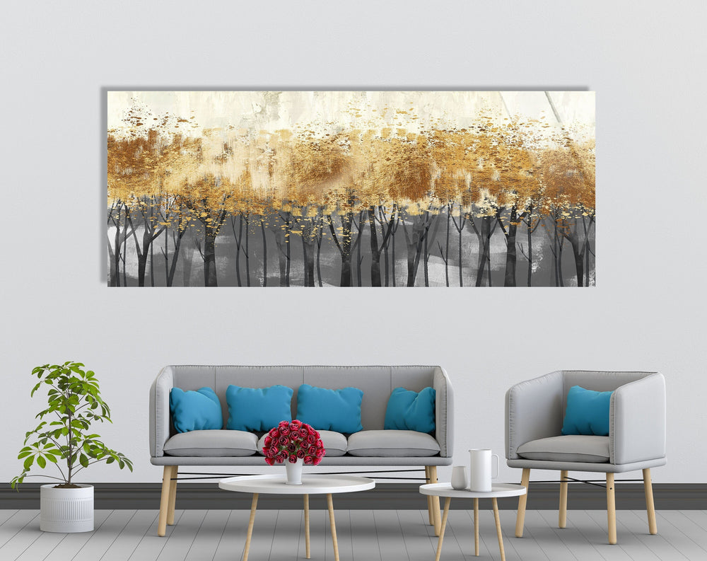 Golden Trees Oil Painting Glass Wall Art, glass image printing, glass prints from photos