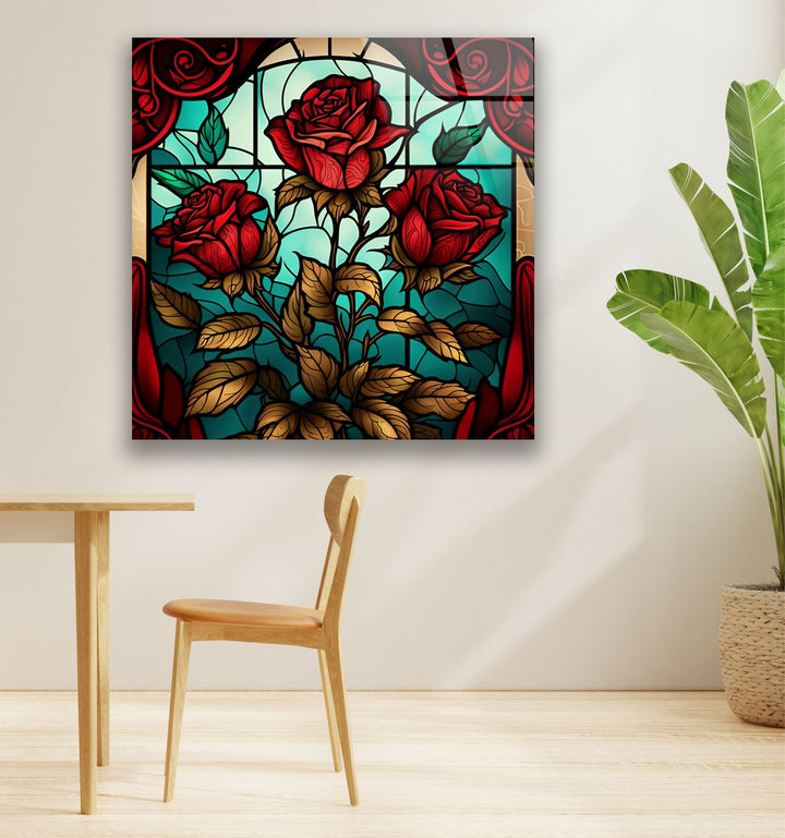 Stained Red Rose Flower Glass Wall Art glass pictures for Wall, glass prints wall art