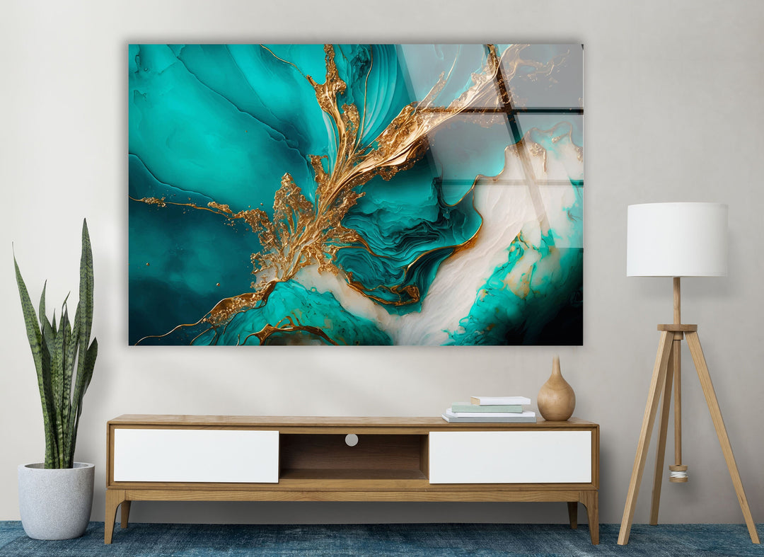 Gold Ink Turquoise Abstract Glass Wall Art, picture on glass wall art, photos printed on glass