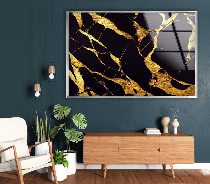 Golden Marbling Abstract Glass Wall Art , glass pictures for Wall, glass prints wall art