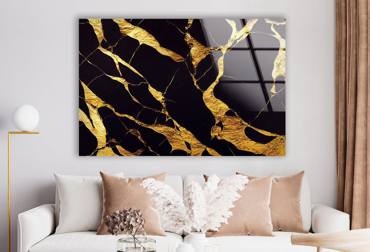 Golden Marbling Abstract Glass Wall Art , glass photo prints, glass picture prints