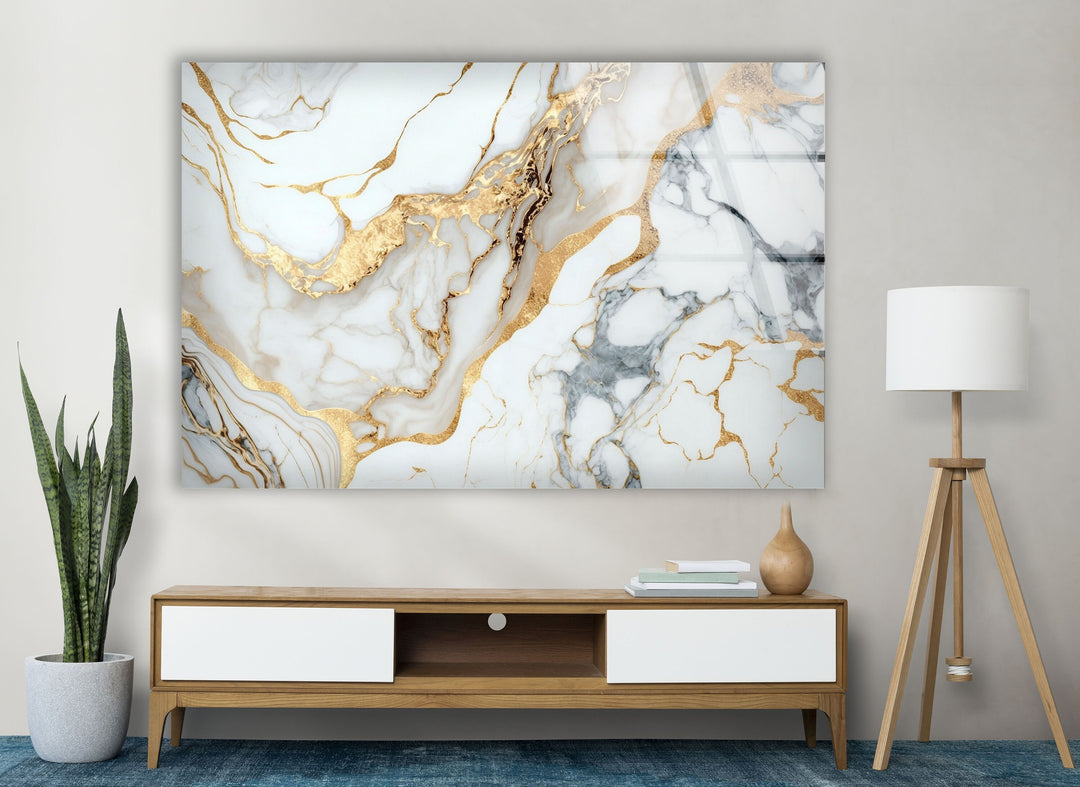 White and Gold Marble Glass Wall Art  custom glass pictures, glass art prints
