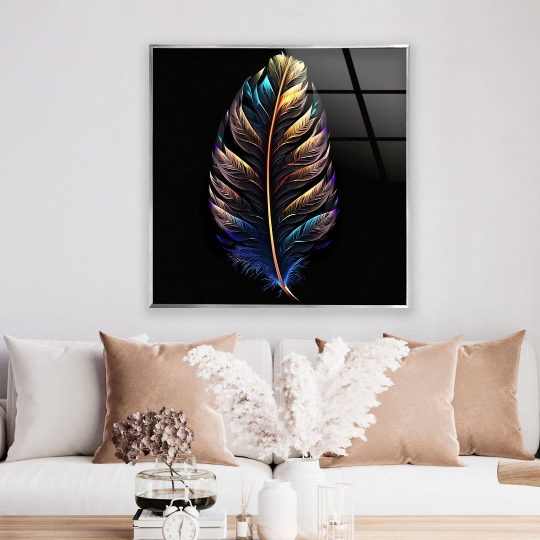 Neon Color Bird Feather Glass Wall Art, photo print on glass, prints on glass wall art