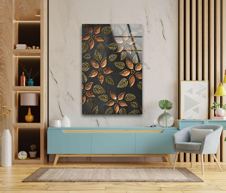 Copper Leaves Abstract Glass Wall Art Glass Printing Wall Art, Print photos on glass
