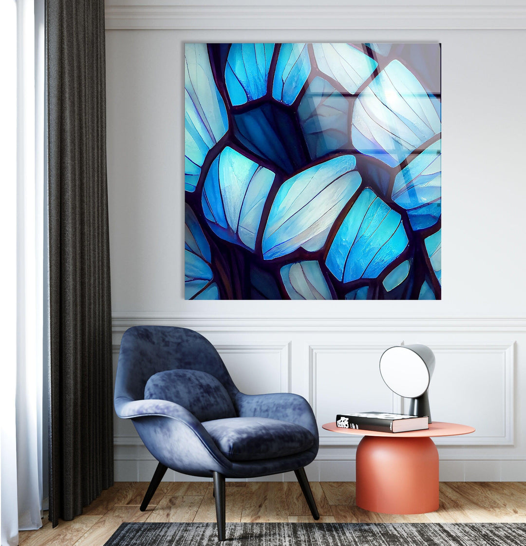 Stained Blue & White Glass Wall Art print picture on glass, Tempered Glass Wall Art