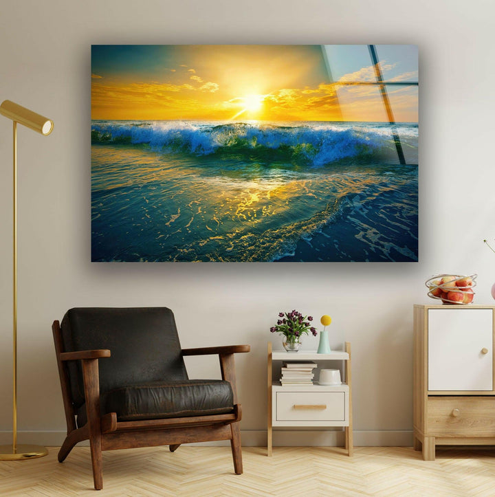 Sunrise Ocean Waves Glass Wall Art