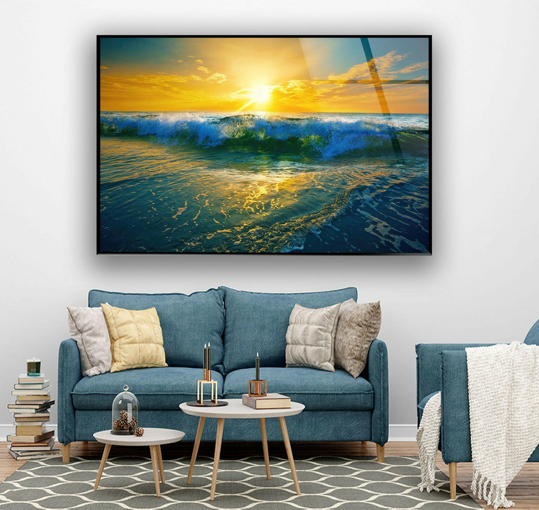 Sunrise Ocean Waves Glass Wall Art