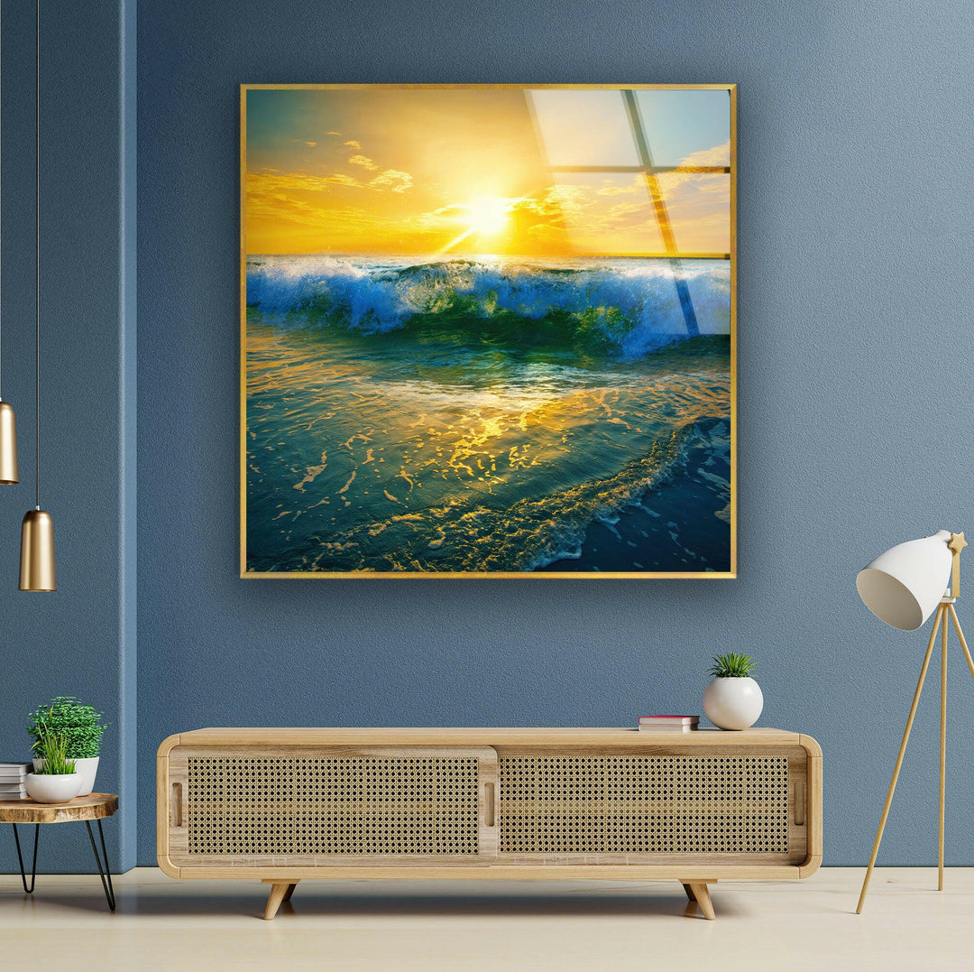 Sunrise Ocean Waves Glass Wall Art