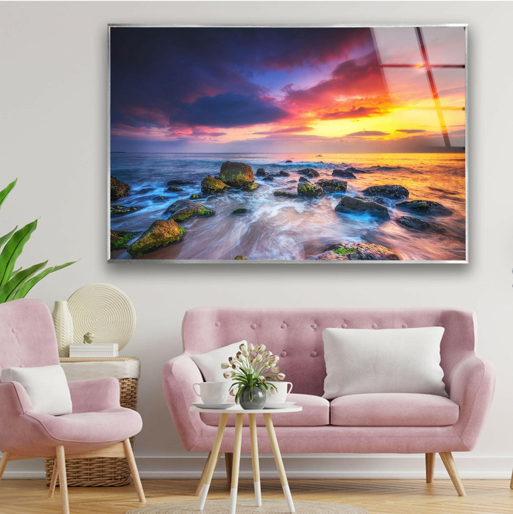 Brilliant Sunset Landscape Glass Wall Art print picture on glass, Tempered Glass Wall Art