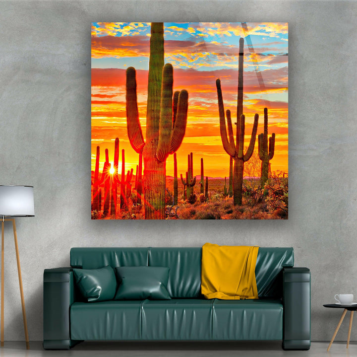 Desert Sunset With Saguaros Glass Wall Art