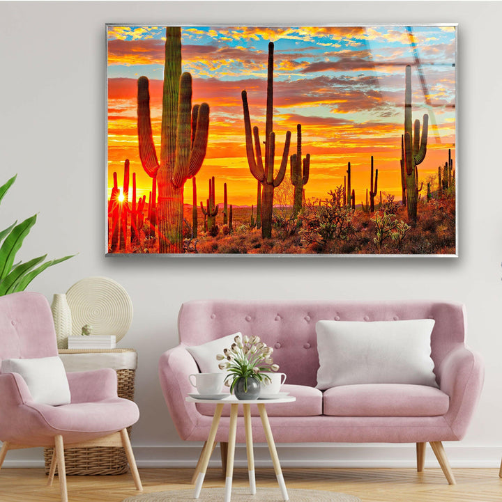 Desert Sunset With Saguaros Glass Wall Art