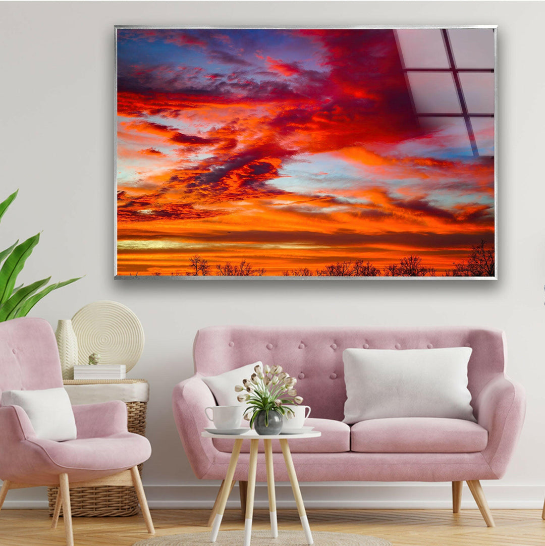 Sunset Sky Red Glass Wall Art photo print on glass, prints on glass wall art