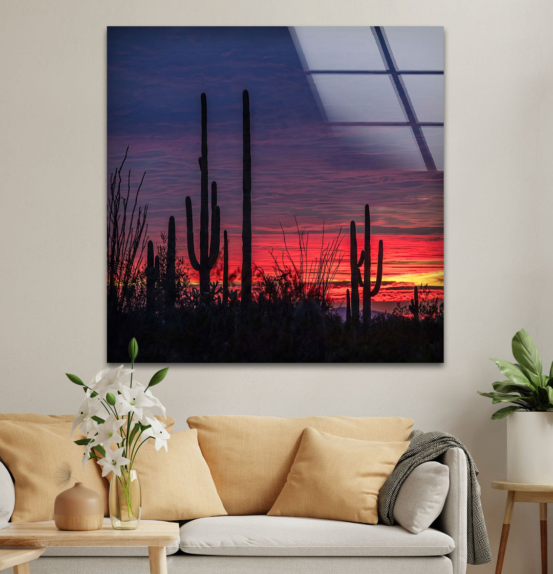 Saguaro Sunset Landscape Glass Wall Art print on glass, glass printed photos