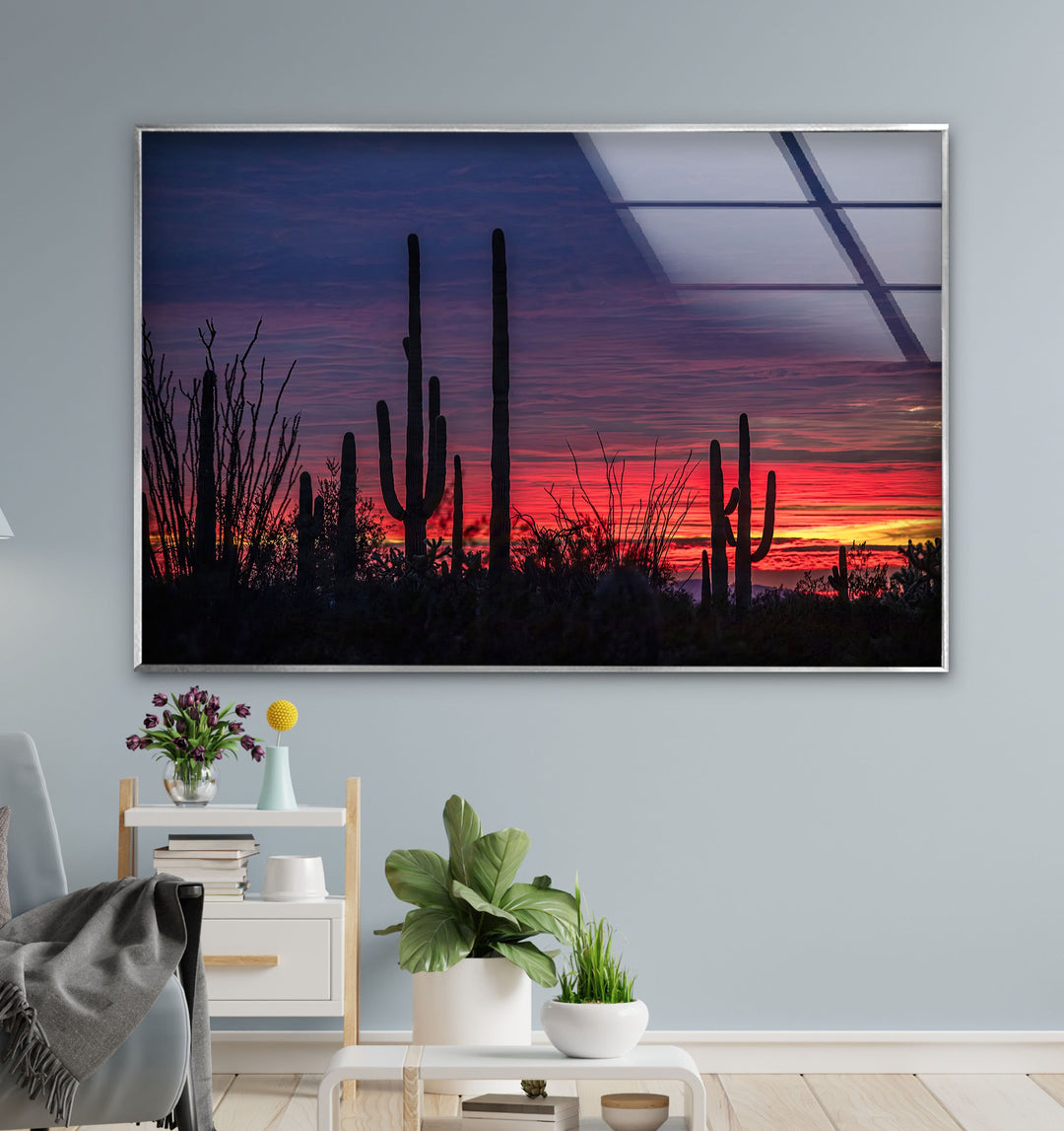 Saguaro Sunset Landscape Glass Wall Art glass art painting, glass art for the Wall