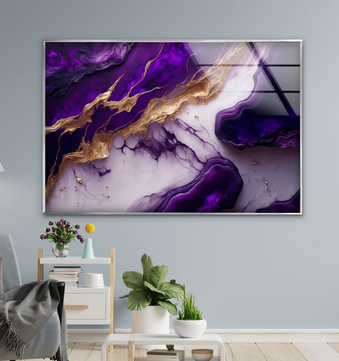 Purple with Gold Alcohol ink Glass Wall Art