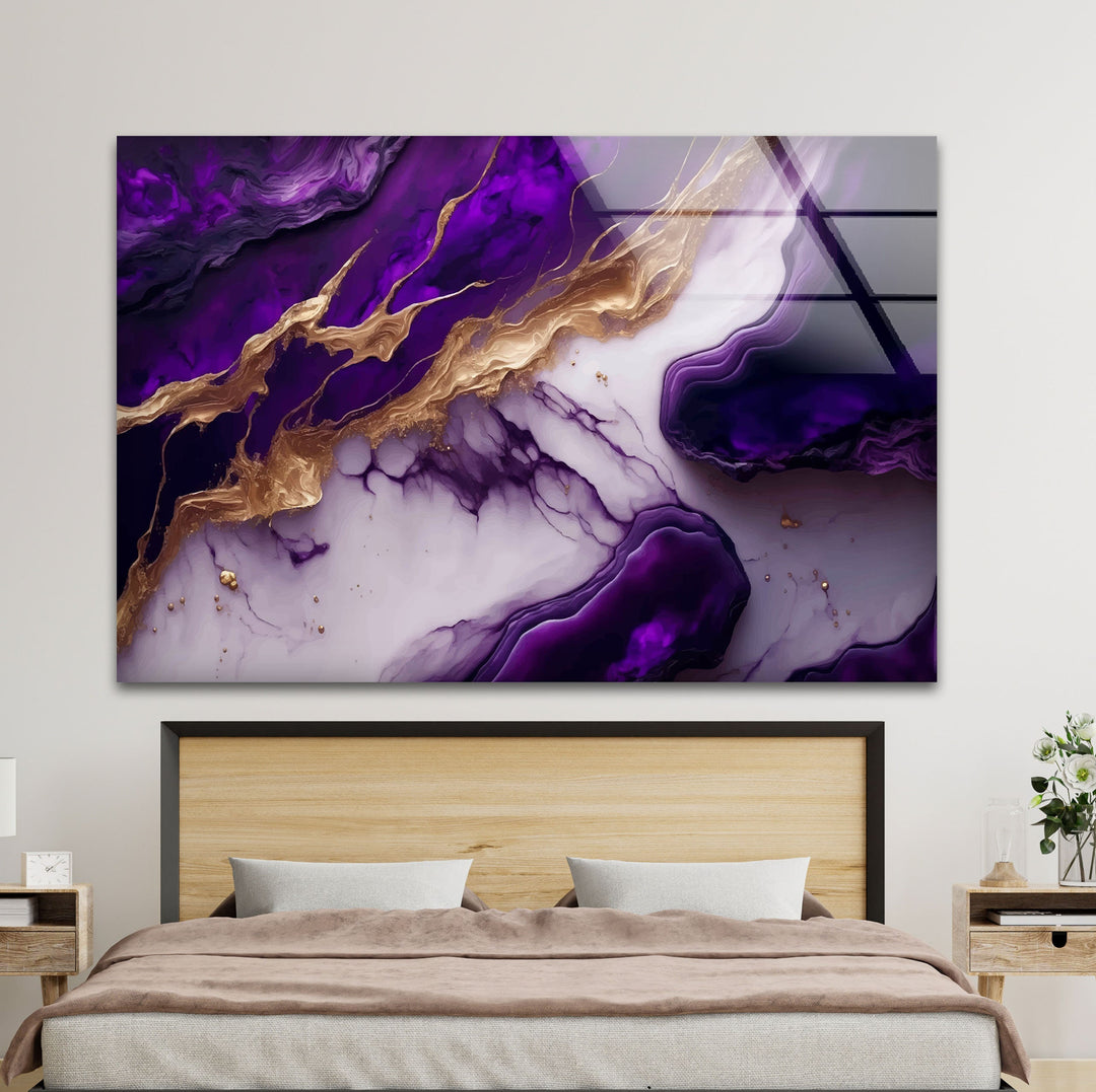 Purple with Gold Alcohol ink Glass Wall Art