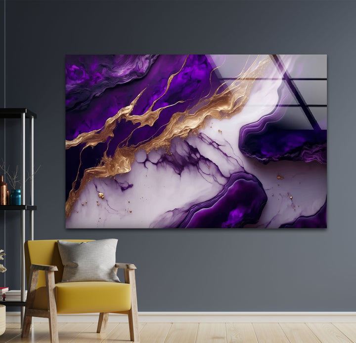 Purple with Gold Alcohol ink Glass Wall Art