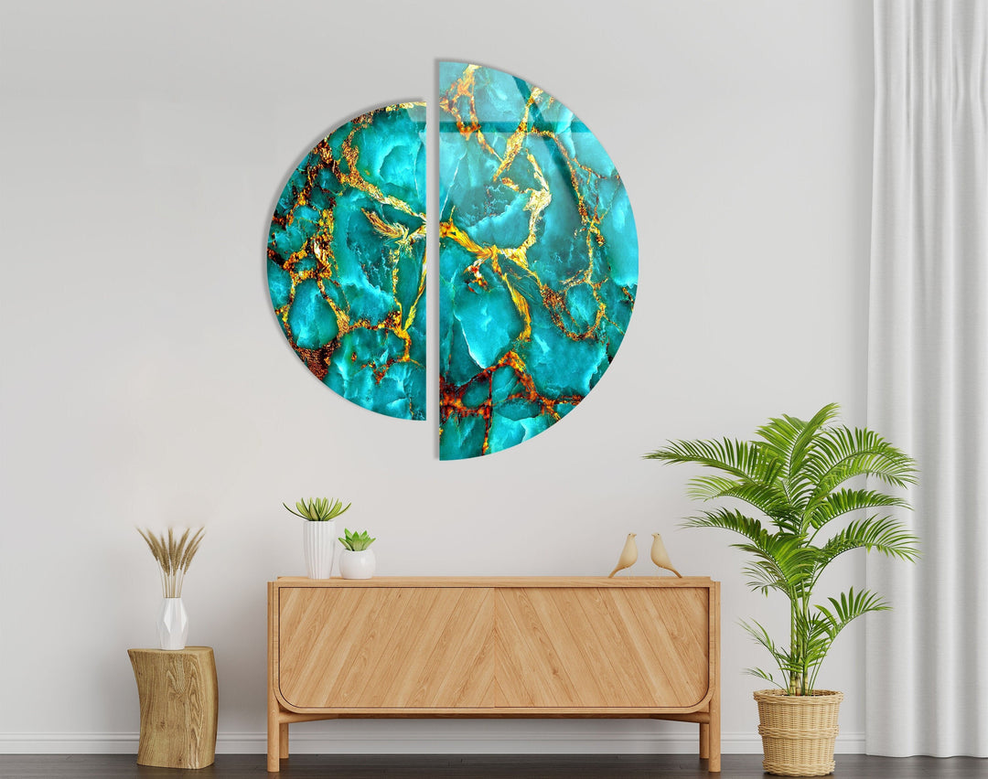 2 Piece Green & Gold Marble Glass Wall Art glass art painting, glass art for the Wall
