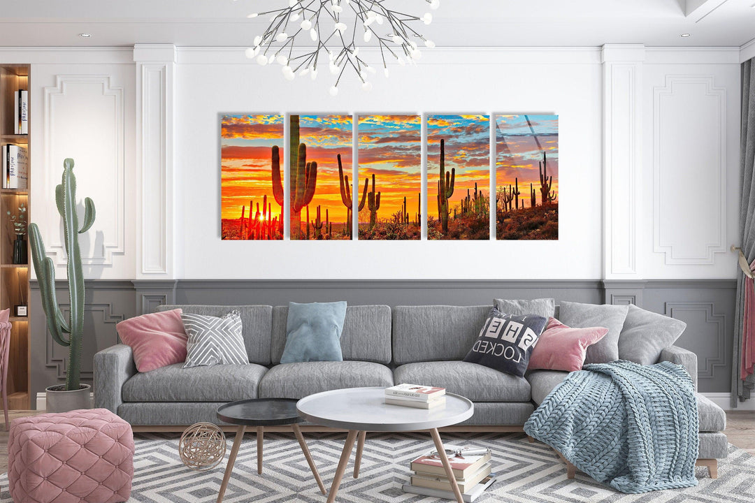 Sunset at Sonoran Desert, Cactus Glass Wall Art, print on glass, glass printed photos