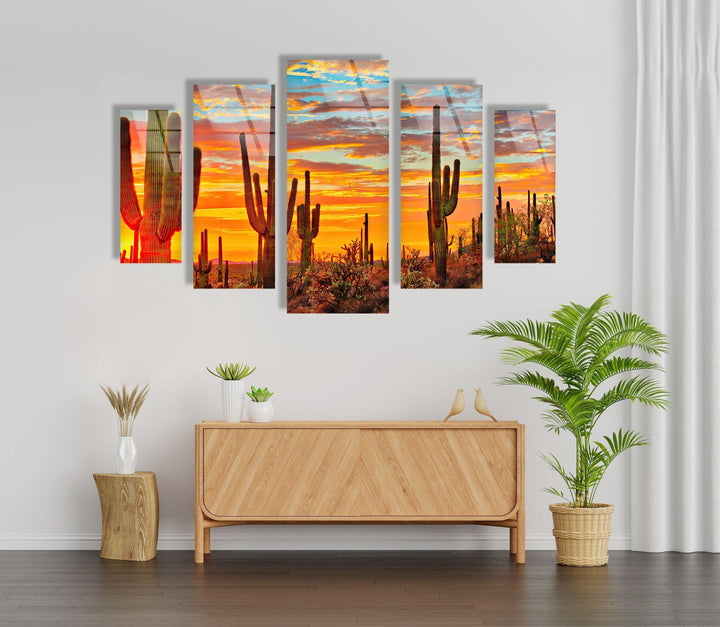 Sunset at Sonoran Desert, Cactus Glass Wall Art, art glass wall art, glass wall art pictures