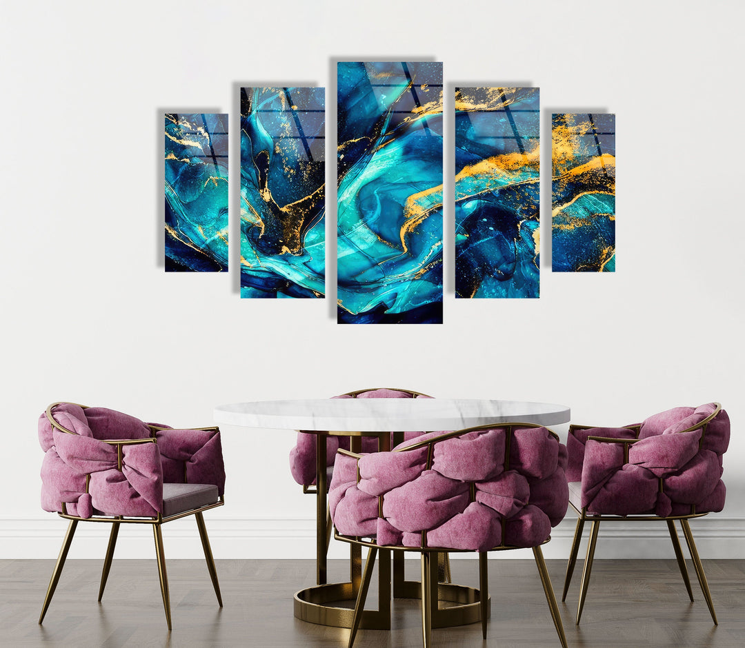 Blue&Gold Marbled Abstract Glass Wall Art, picture on glass wall art, photos printed on glass