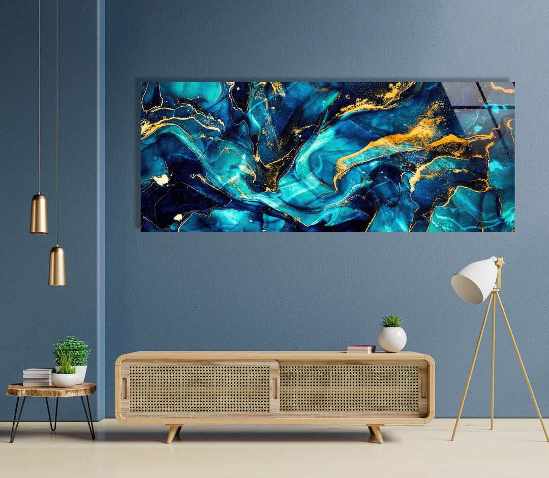 Blue&Gold Marbled Abstract Glass Wall Art, custom glass pictures, glass art prints