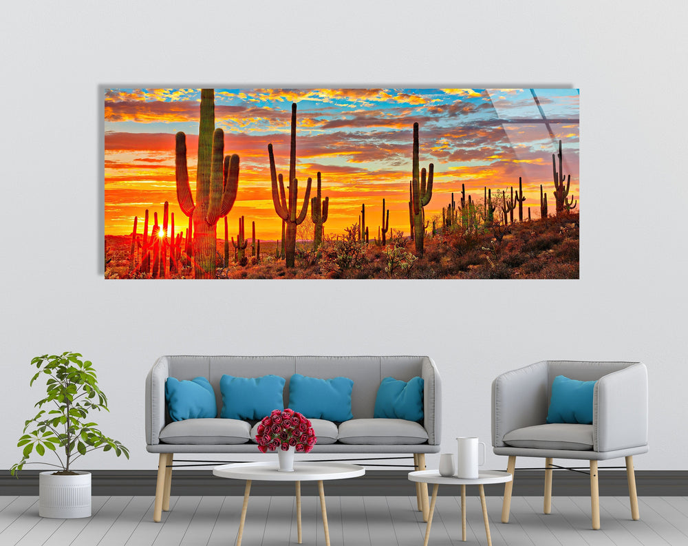 Sunset at Sonoran Desert, Cactus Glass Wall Art, custom glass photo prints, large glass prints