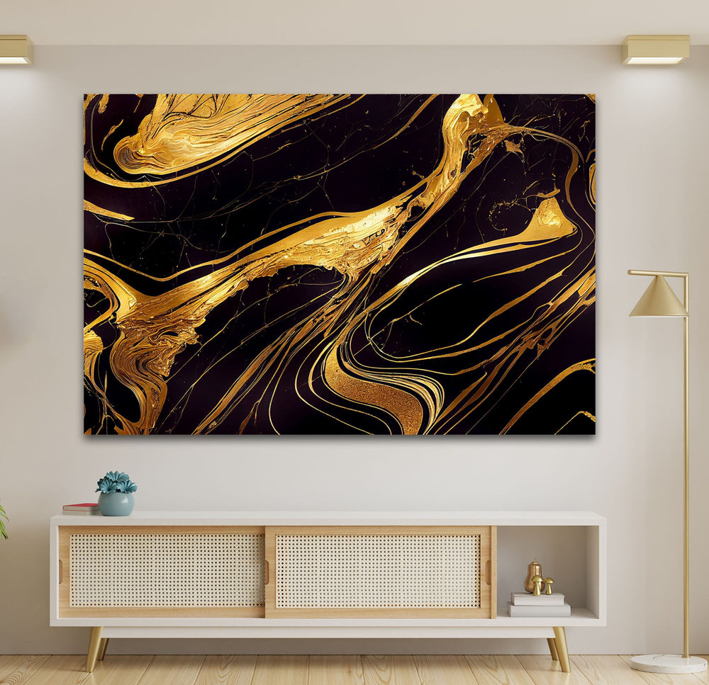 Black with Gold ink Abstract Glass Printing Wall Art