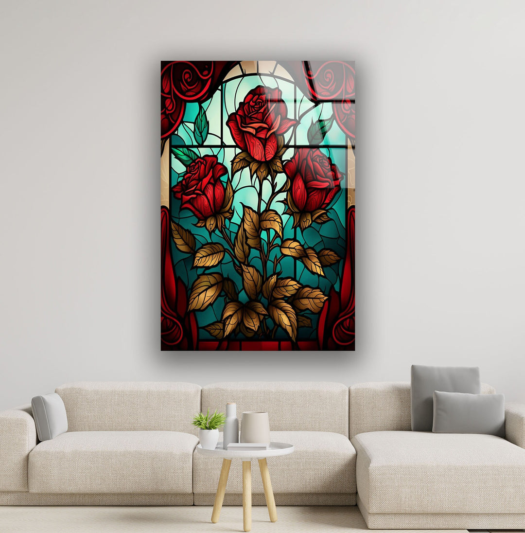 Stained Red Roses Glass Wall Art, custom glass pictures, glass art prints