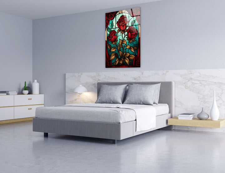 Stained Red Rose Flower Glass Wall Art custom glass pictures, glass art prints