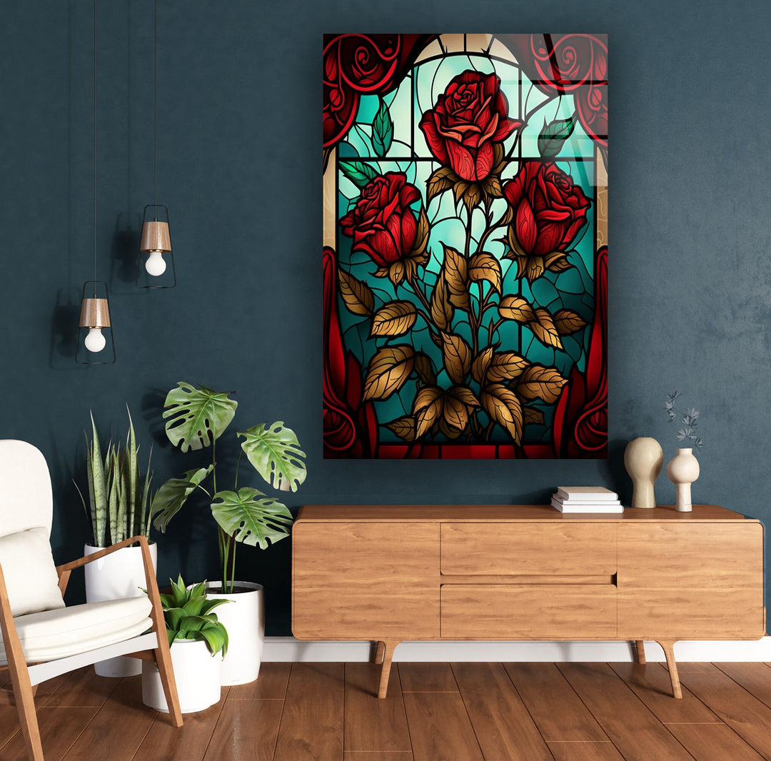 Stained Red Roses Glass Wall Art, Glass Printing Wall Art, Print photos on glass