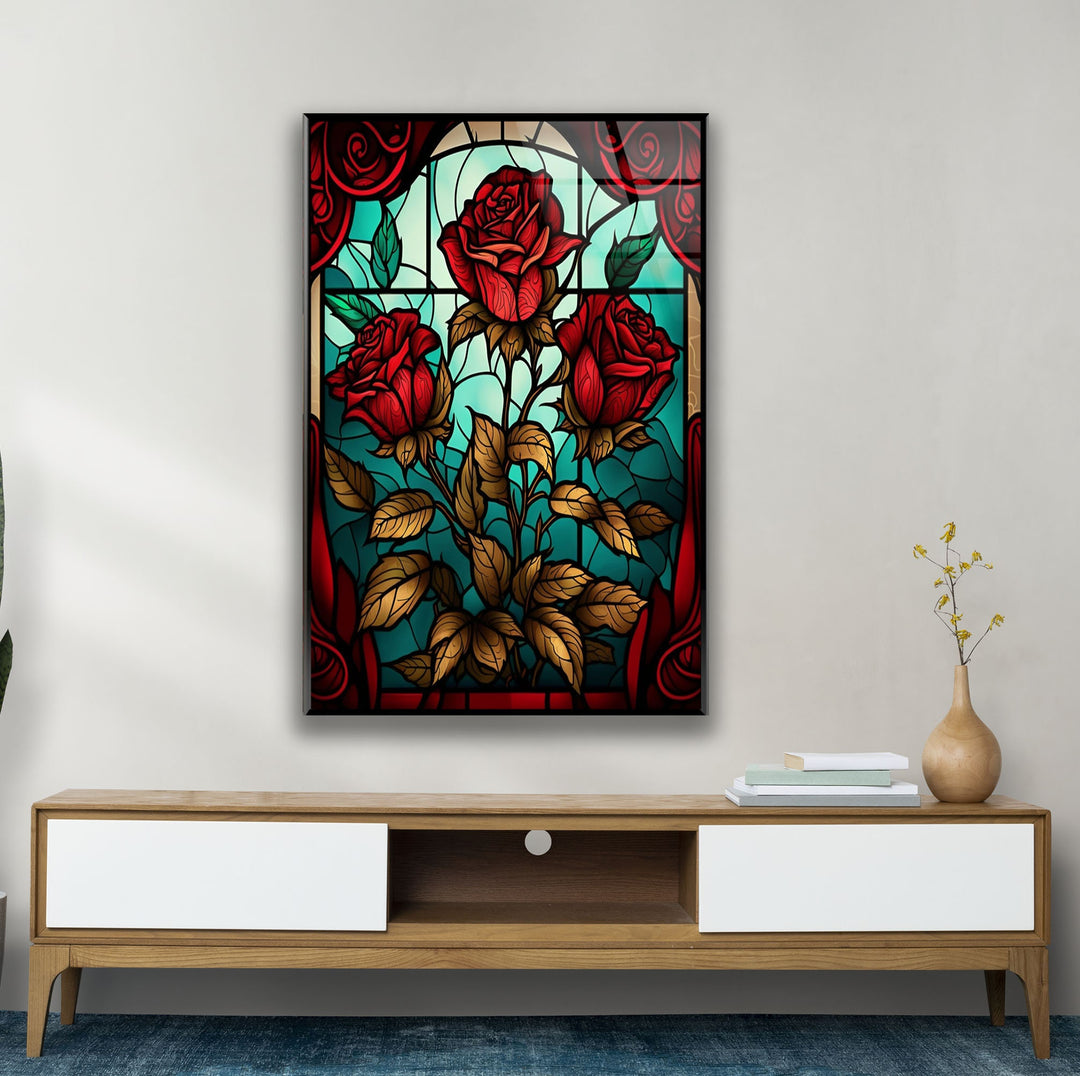 Stained Red Rose Flower Glass Wall Art glass art painting, glass art for the Wall