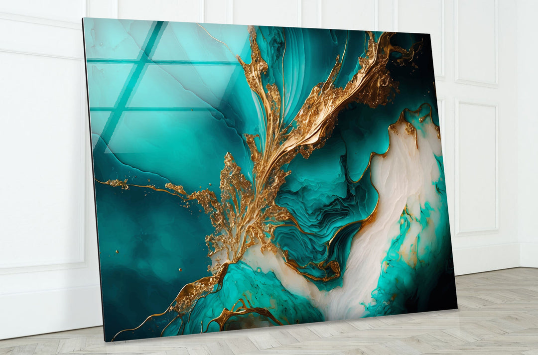 Gold Ink Turquoise Abstract Glass Wall Art, Tempered Glass Wall Art, Glass Printing Wall Art