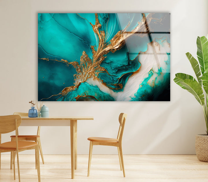 Gold Ink Turquoise Abstract Glass Wall Art, glass pictures for Wall, glass prints wall art